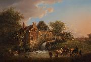Henri van Assche Landscape with waterfall and farm oil on canvas